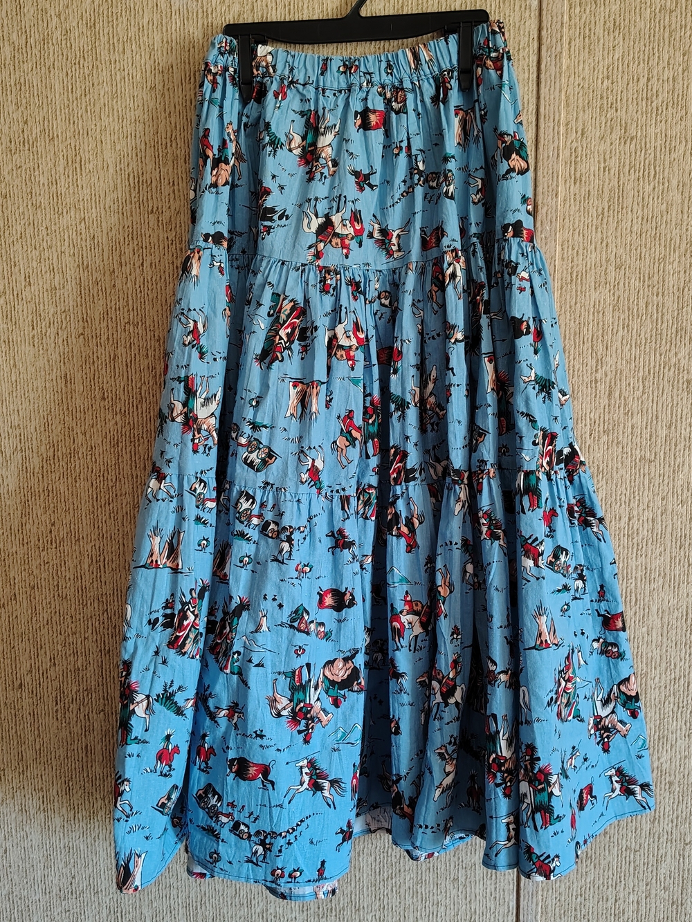 Vintage Pegaso Cotton Tiered Broomstick Skirt, Blue W/ Western Print, One Size